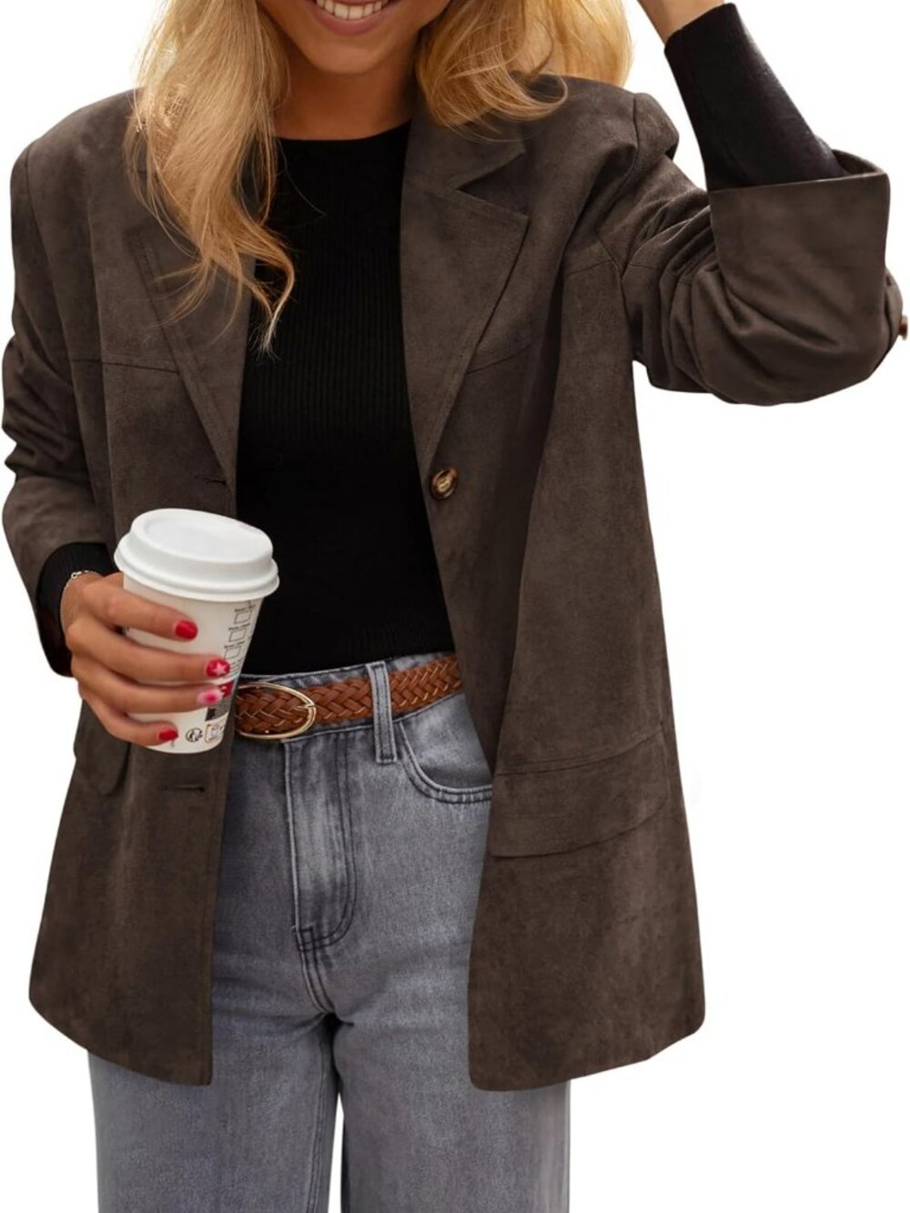 Women's Dark Brown Faux Suede Western Blazer Jacket Oversized Casual Office Work